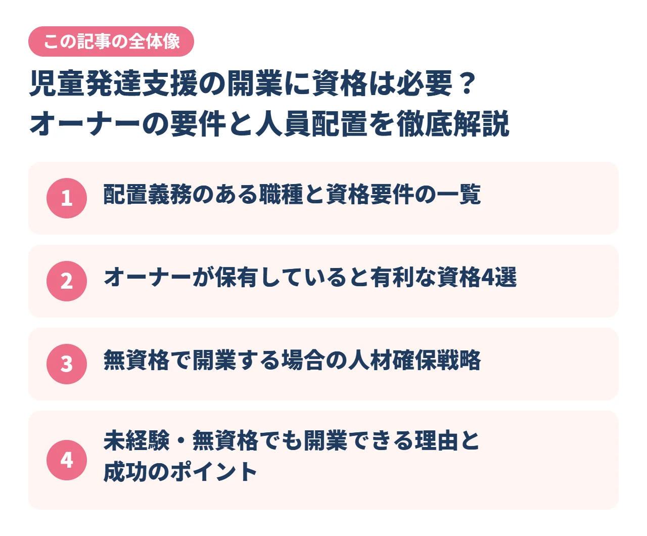 児童発達支援の開業に資格は必要？オーナーの要件と人員配置を徹底解説｜この記事の全体像